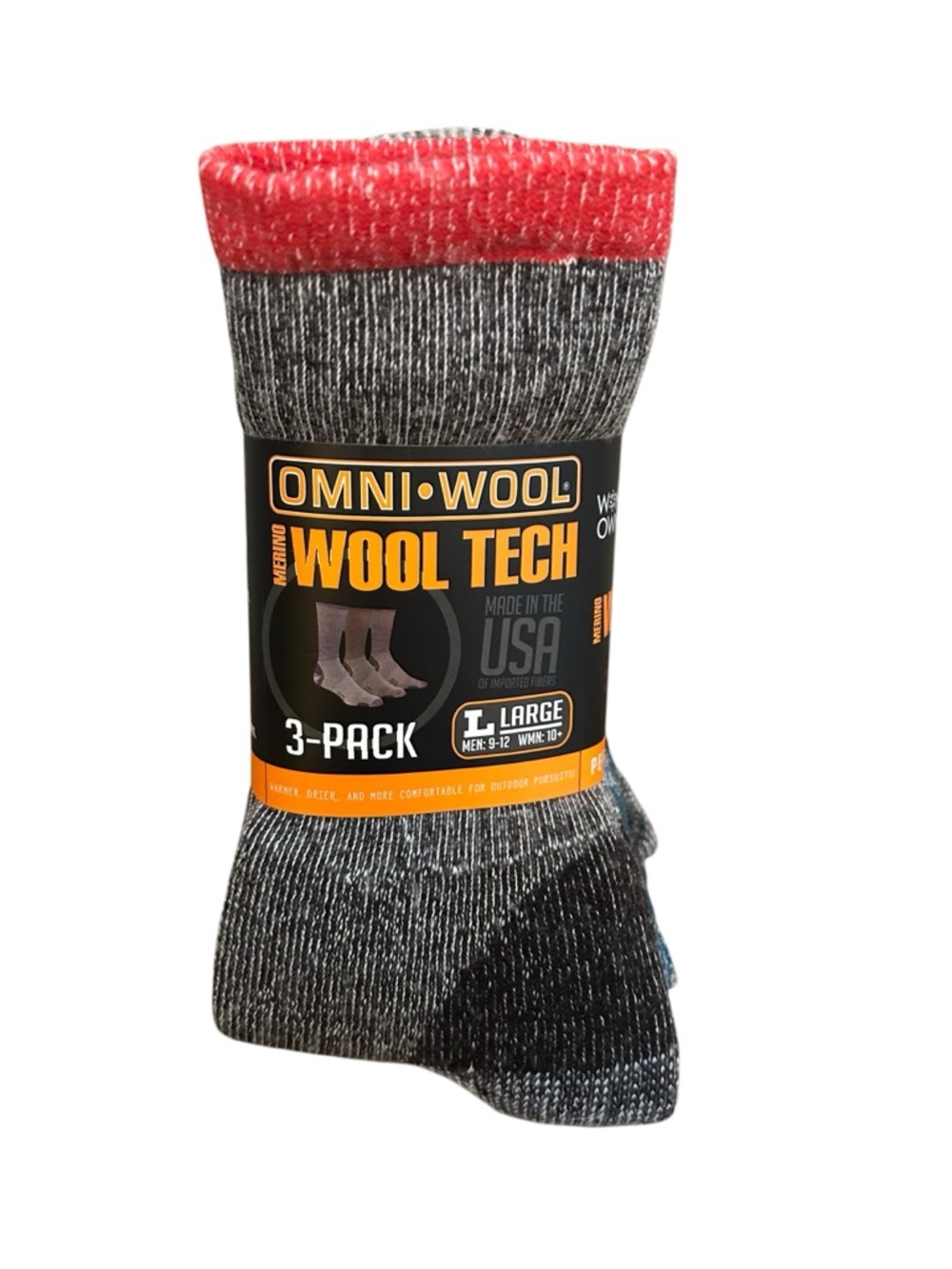 Omni-Wool Men's Wool Tech Crew Socks - Gray with Red Cuff (3-Pack)